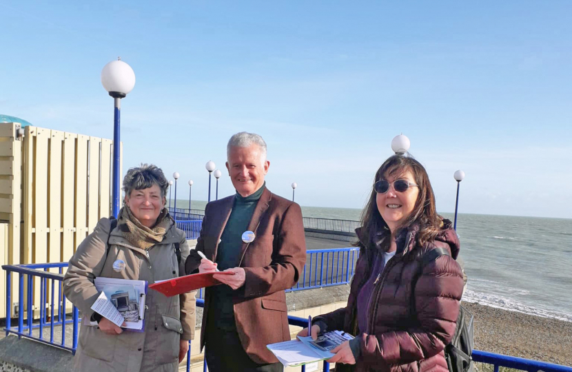 Cllr Robert Smart with bandstand campaigners Gaynor Sedgwick (left) and Karey Whitmore collecting petition signatures in February